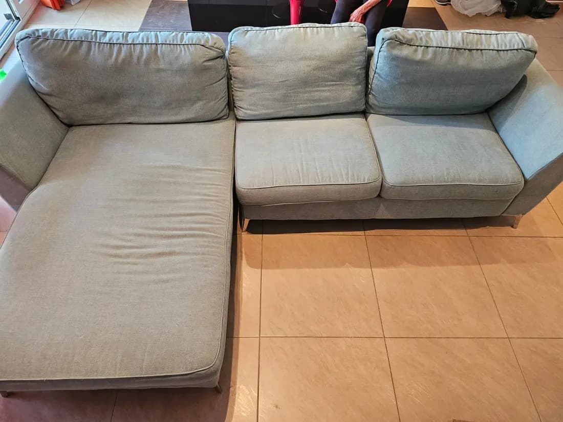 sage fabric chaise sofa before cleaning by ARA Clean Malta