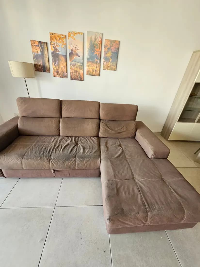 taupe fabric recliner sofa before cleaning by ARA Clean Malta